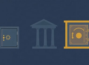 Illustration for "Home Safe vs Bank Deposit Box vs Private Gold Vault" showing home safe vs bank deposit box vs private gold vault