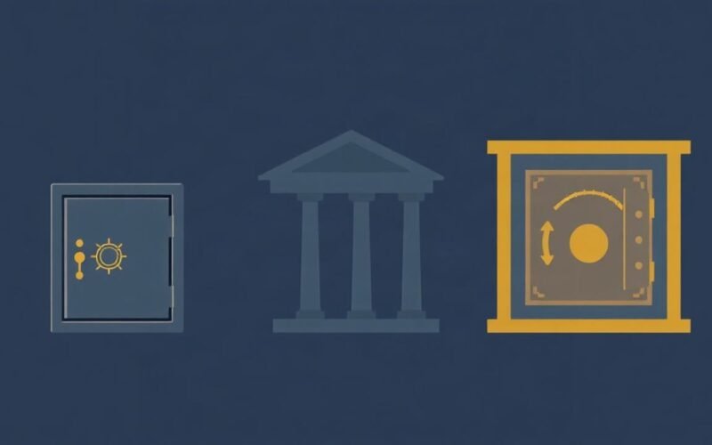 Illustration for "Home Safe vs Bank Deposit Box vs Private Gold Vault" showing home safe vs bank deposit box vs private gold vault